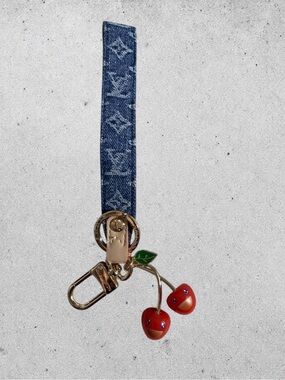 Louis Vuitton Blue Denim Monogram Bag Charm with Red Cherry Charm